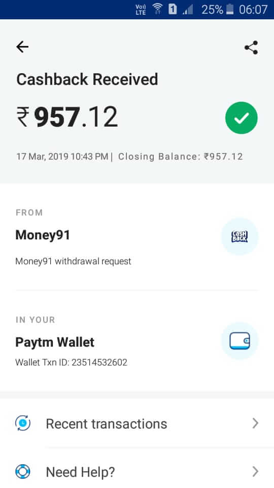money 91 paytm payment proof